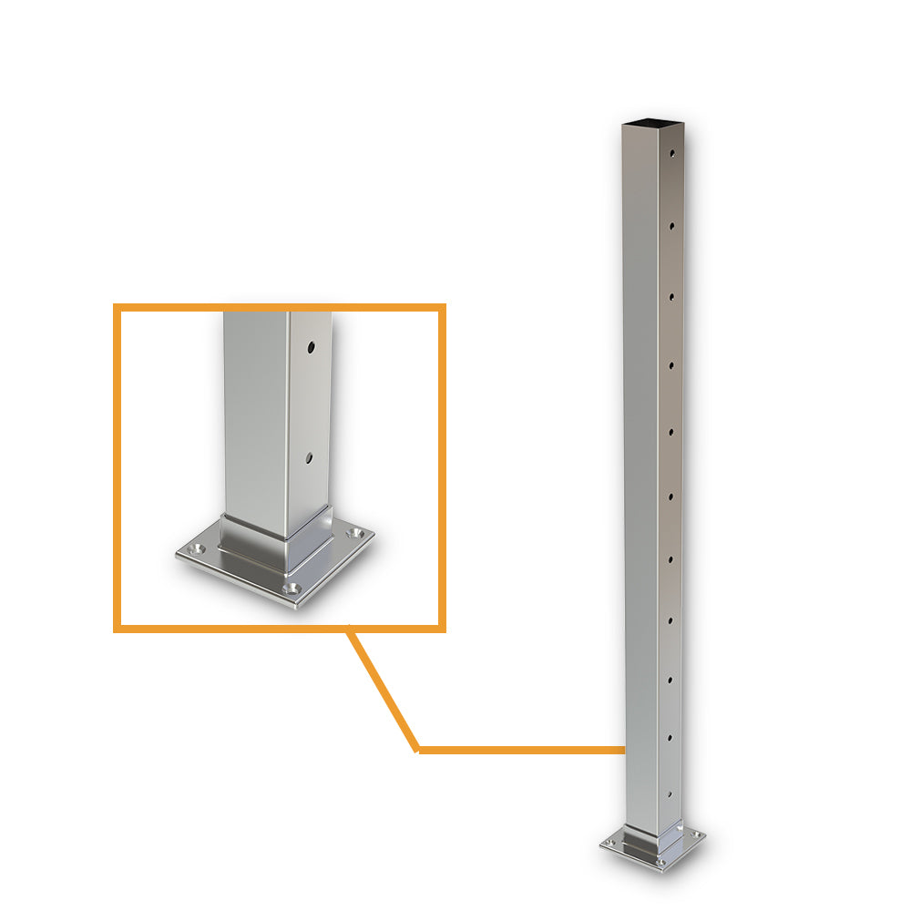 Square Int Post with 11 Holes Satin Finish - Welded Base Plate