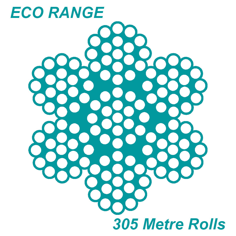 7 x 19 Wire Rope 316 Grade Stainless SIZES: 3.2mm - 6mm - 305 Metre Rolls
