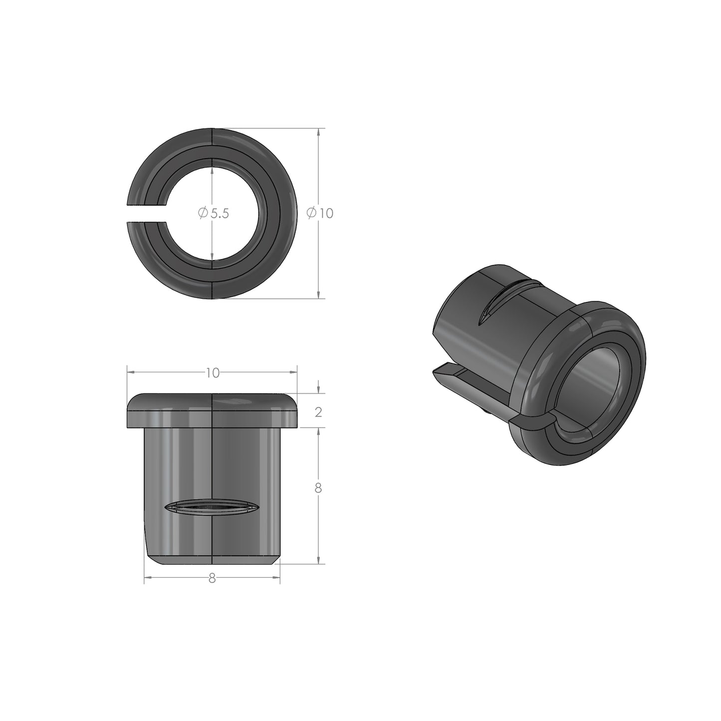 Grommet Split for 3.2-4mm wire - Suits 3-4mm Wall Thickness - Silver - Drill Hole Size: 8mm