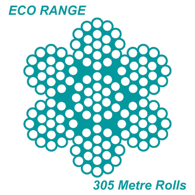 7 x 19 Wire Rope 316 Grade Stainless SIZES: 3.2mm - 6mm - 305 Metre Rolls