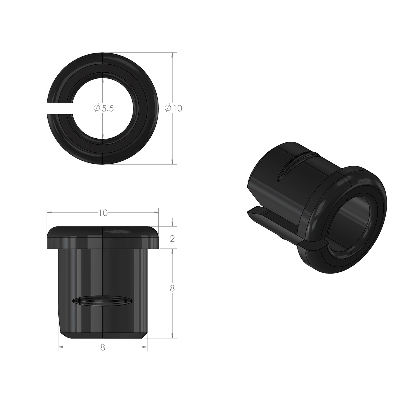 Grommet Split for 3.2-4mm wire - Suits 3-4mm Wall Thickness - Black - Drill Hole Size: 8mm