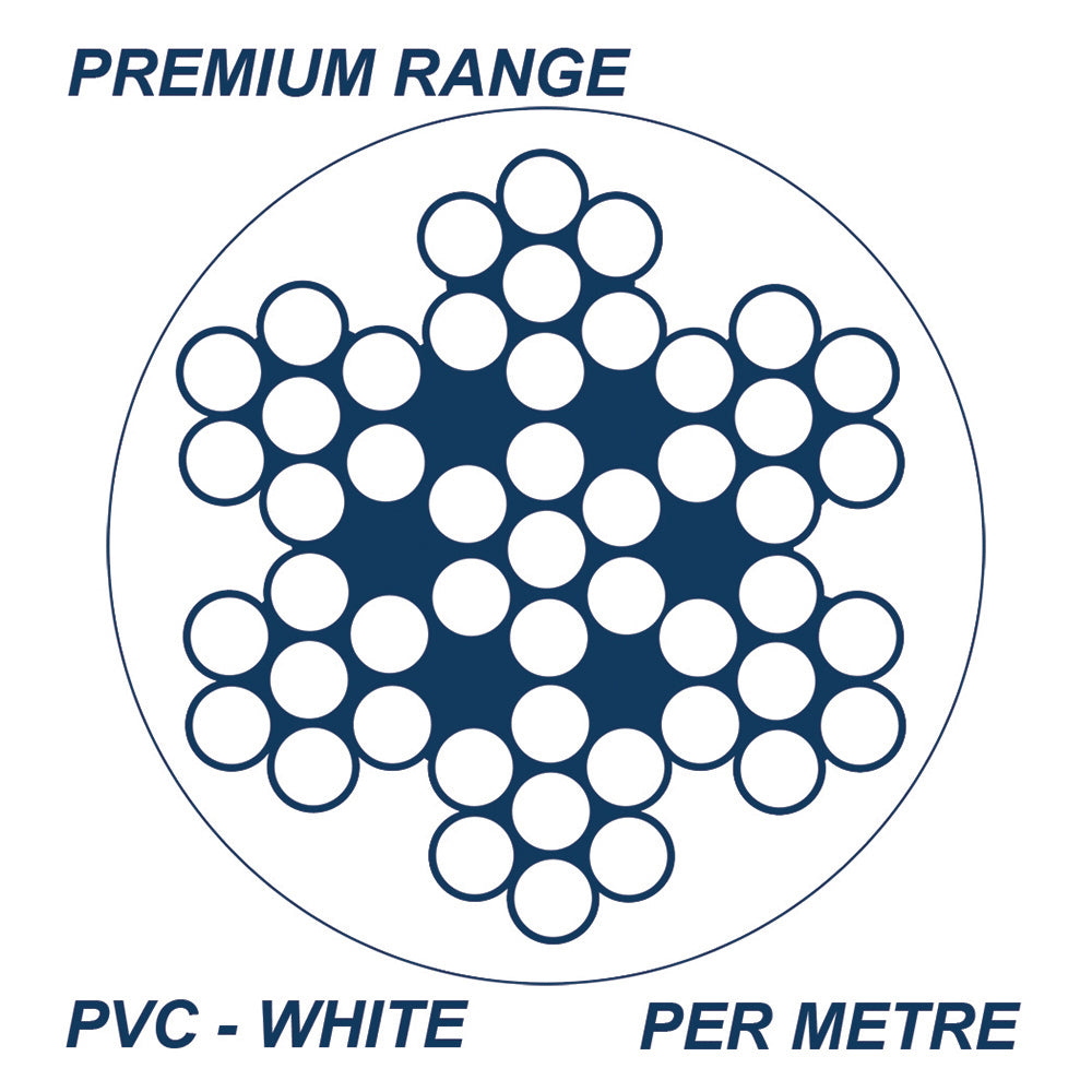7x7 Wire Rope PVC Coated 316 Grade Stainless Steel - White - SIZES: 2.5mm - 6.4mm